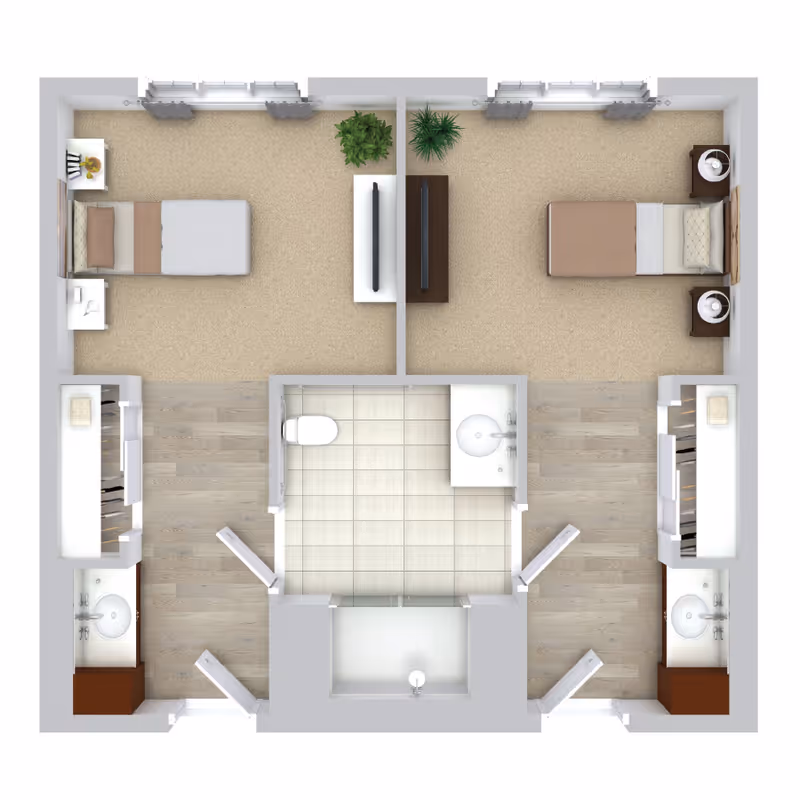 Top-down floor plan of a living space with two bedrooms, each furnished with a bed, nightstands, and a TV. The bedrooms are separated by a central bathroom that includes a toilet, sink, and shower. Each bedroom has an adjacent area with a sink and storage cabinets.