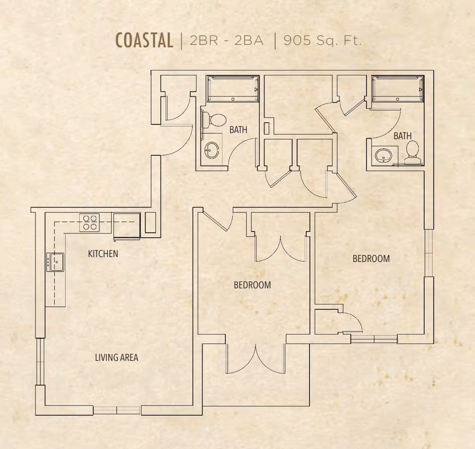 Floor plan labeled 'COASTAL' showing a 2-bedroom, 2-bathroom apartment with 905 square feet. The layout includes a kitchen and living area, two bedrooms, and two bathrooms.