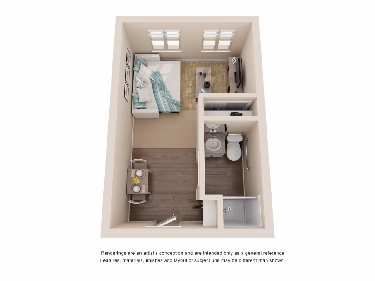 3D floor plan of a small studio apartment featuring a combined living and sleeping area with a bed, sofa, coffee table, and TV. There is a small dining table with two chairs near the entrance. The bathroom includes a toilet, sink, and shower. The apartment has two windows on one wall and wood flooring in the dining and bathroom areas, with carpet in the living/sleeping area.