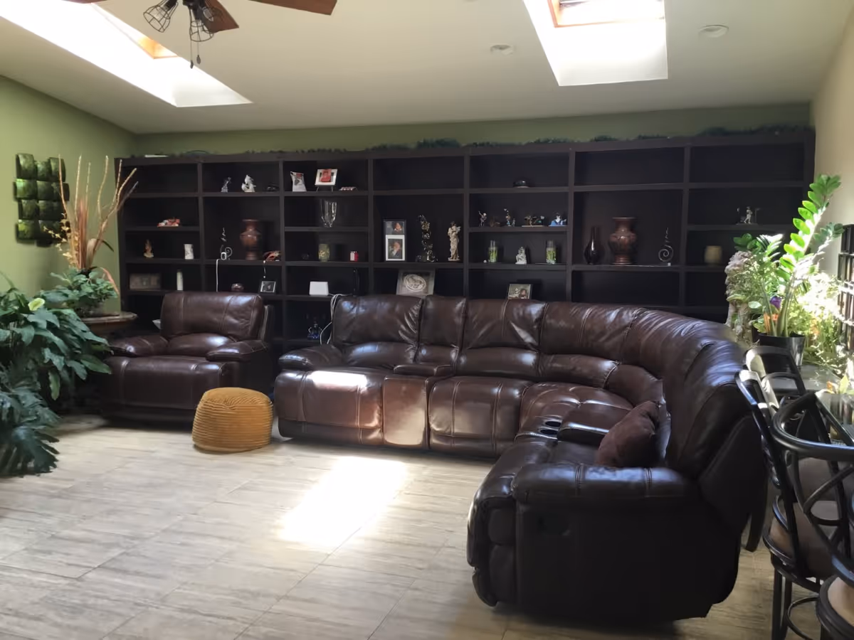 A cozy living room with a large dark brown leather sectional sofa and a matching armchair. The room features a light tiled floor, green walls, and a large dark wooden shelving unit filled with decorative items and framed photos. There are two skylights in the ceiling allowing natural light to brighten the space. Several green plants are placed around the room, adding a touch of nature.
