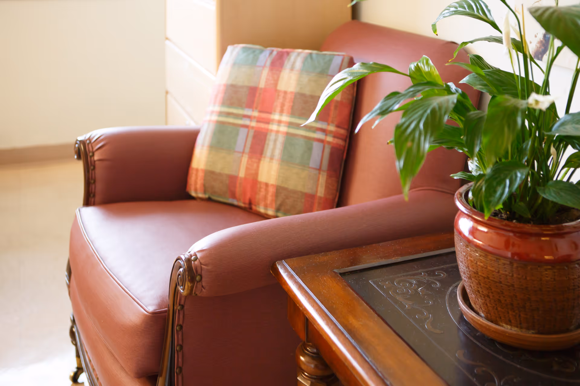 A close-up view of a brown leather armchair with a plaid cushion resting on it, next to a wooden side table holding a potted green plant.
