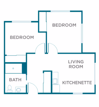 Floor plan layout of a living space at The Enclave of Springboro showing two bedrooms, a bathroom, a living room, and a kitchenette.
