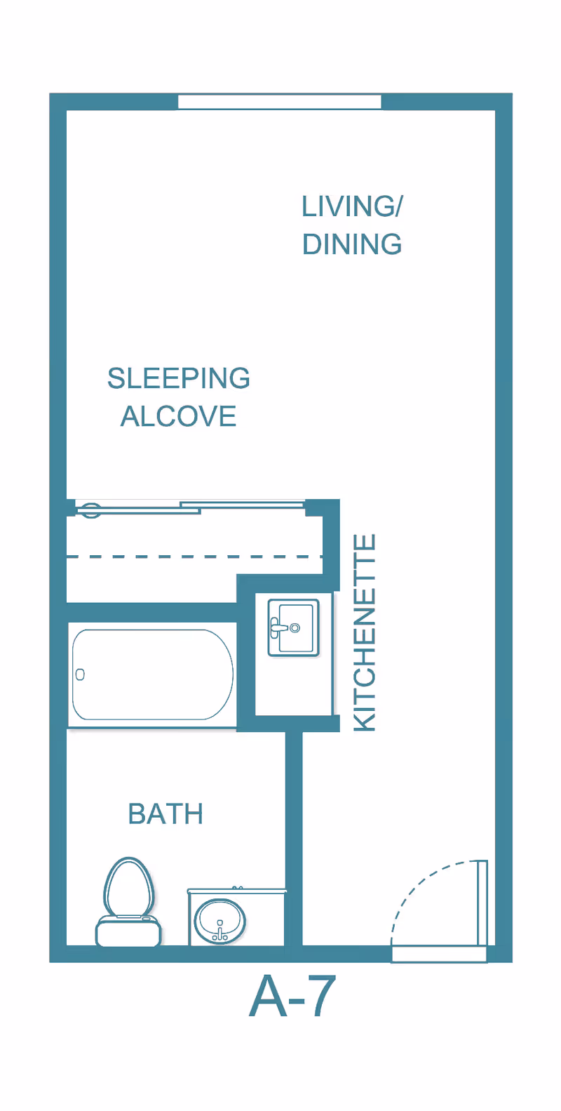 Floor plan of a senior living studio apartment labeled A-7, showing a living/dining area, sleeping alcove, kitchenette, and a bathroom with a bathtub, toilet, and sink.