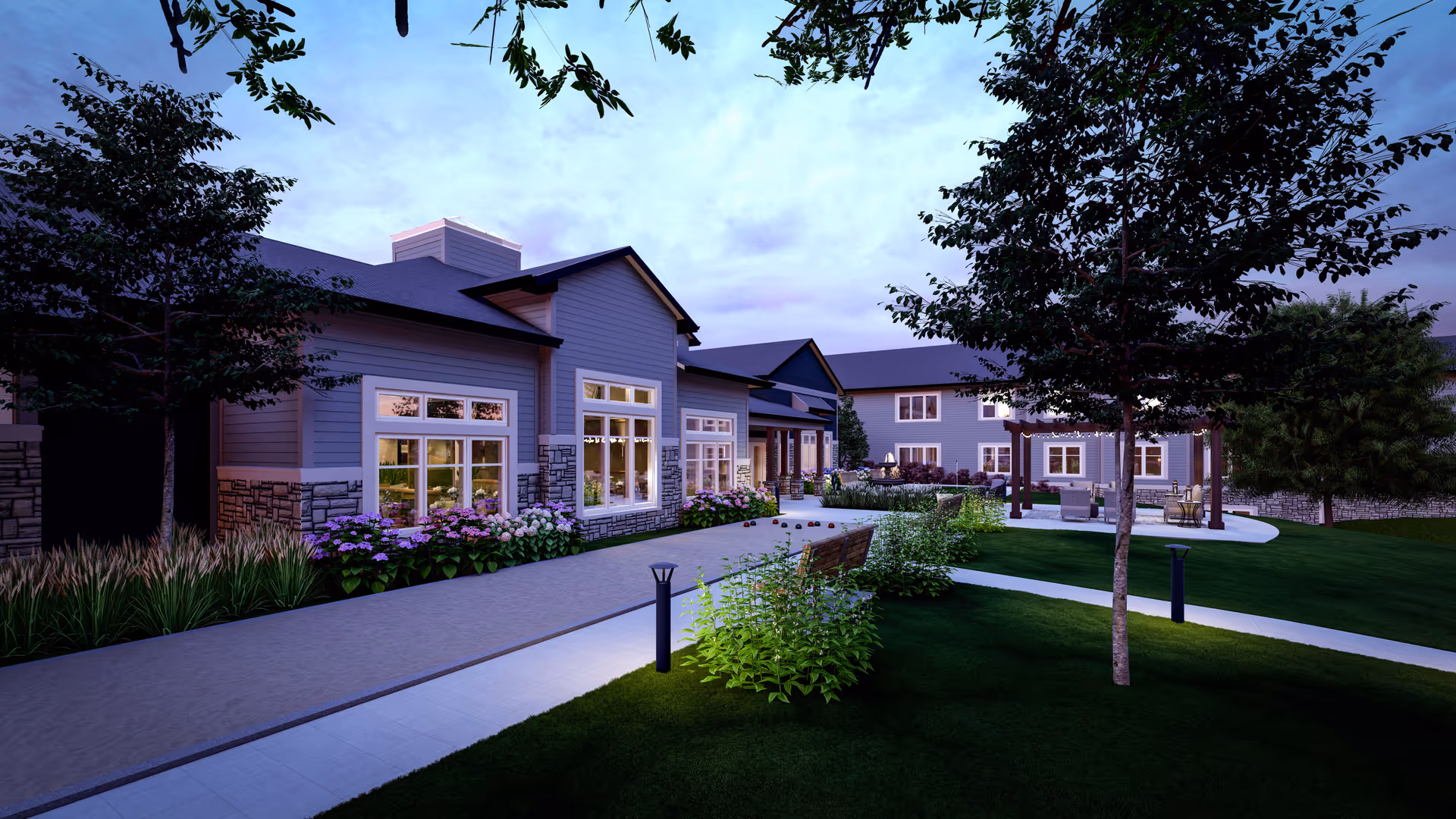 Exterior view of The Woodlands at Canterfield senior living facility surrounded by landscaped gardens.