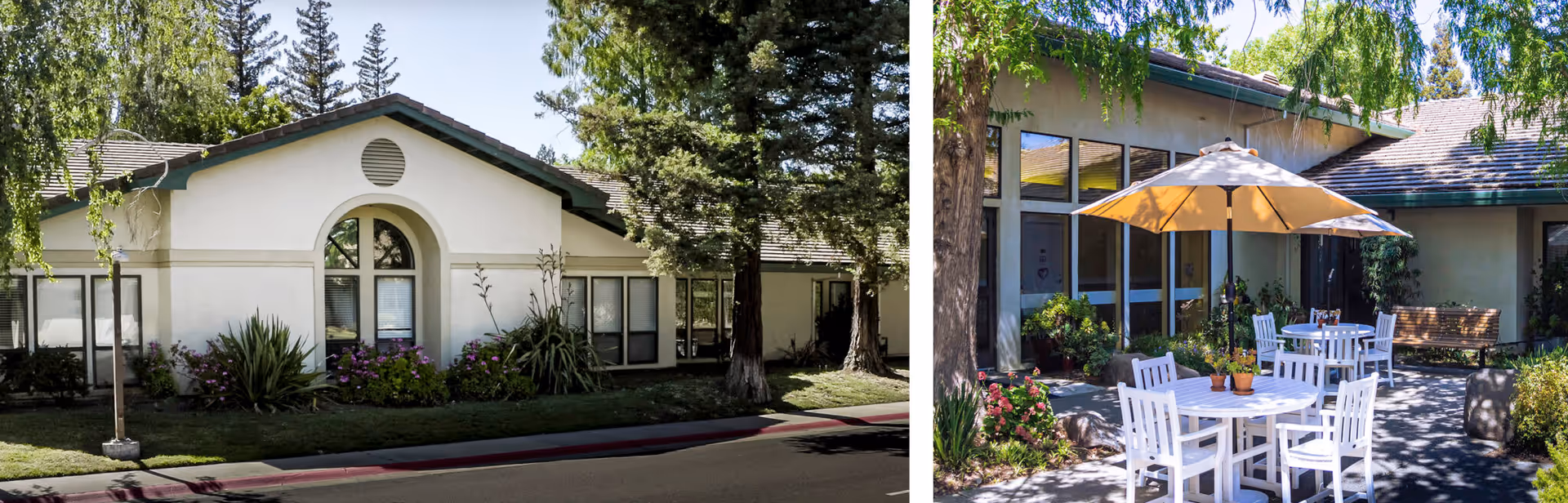 Two images of St John's Retirement Village showing the exterior of the building surrounded by trees and greenery. The left image features a single-story building with large windows and a peaked roof, while the right image shows an outdoor patio area with white tables and chairs, potted plants, a large umbrella, and a wooden bench under tree shade.