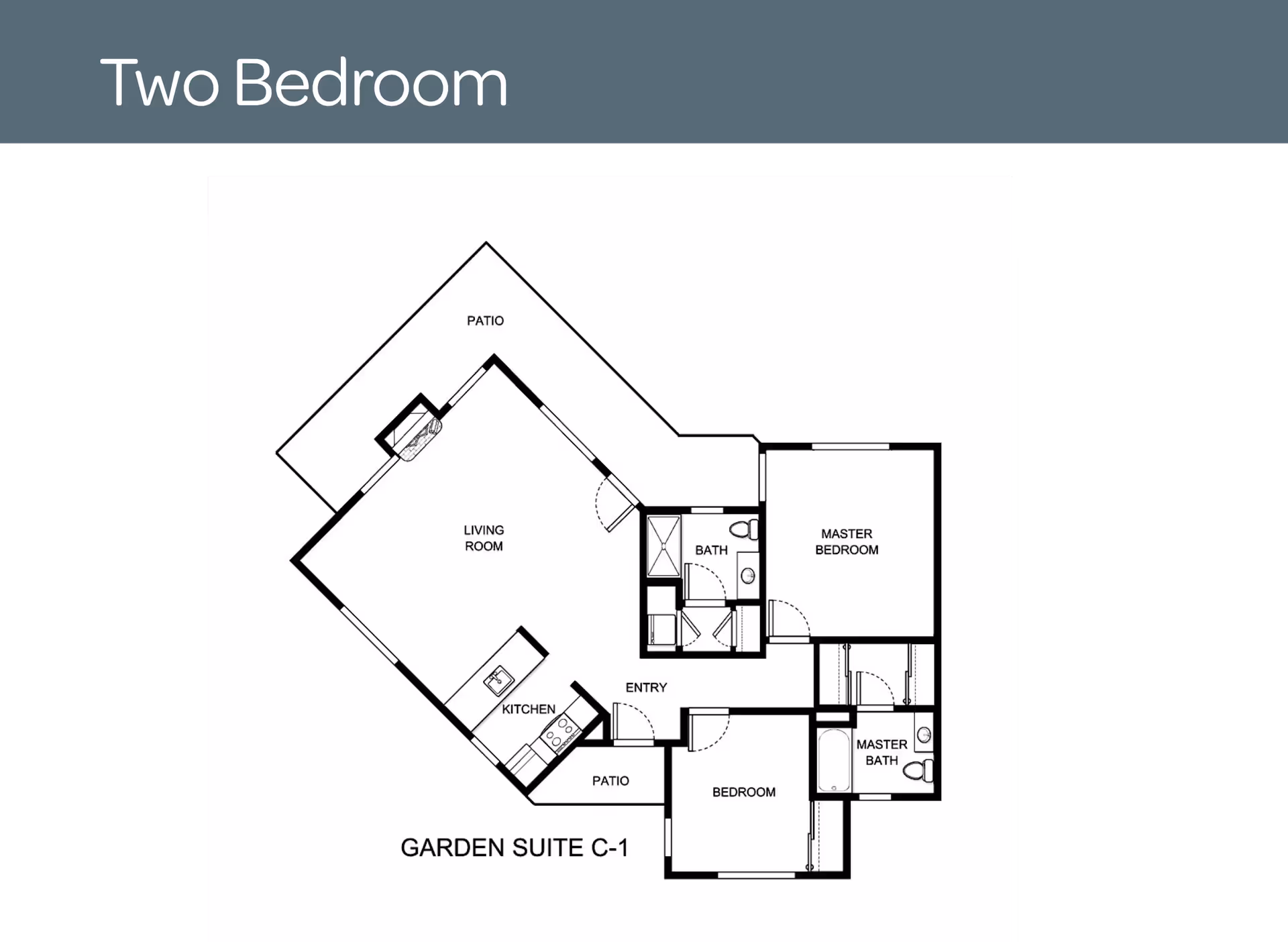 Floor plan layout of a two-bedroom garden suite labeled C-1, showing a living room, kitchen, entry, patio, master bedroom with master bath, a second bedroom, and a second bath.