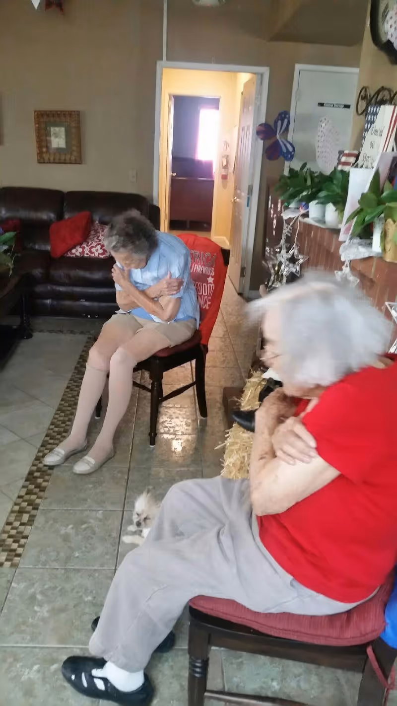 Two elderly women sitting on chairs in a living room area, both crossing their arms. One woman is wearing a blue shirt and beige pants, and the other is wearing a red shirt and gray pants. There is a small white dog on the tiled floor between them. The room has a brown leather couch with red and patterned pillows, a brick wall with plants and decorations, and an open doorway leading to another room.