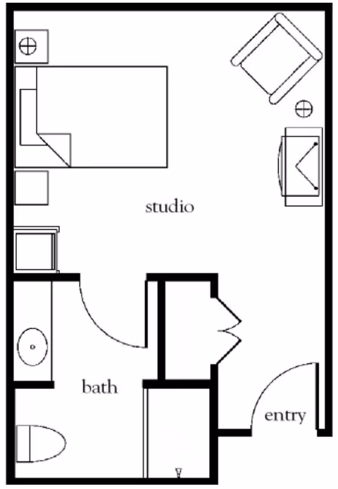 Architectural floor plan of a studio apartment layout showing an entry area, a combined living and sleeping space labeled 'studio' with a bed, chair, and TV, and a separate bathroom labeled 'bath' with a toilet and sink.