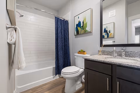 Bright modern bathroom with a tub/shower and blue curtain, toilet, dark wood vanity with granite countertop and mirror, and wall artwork.