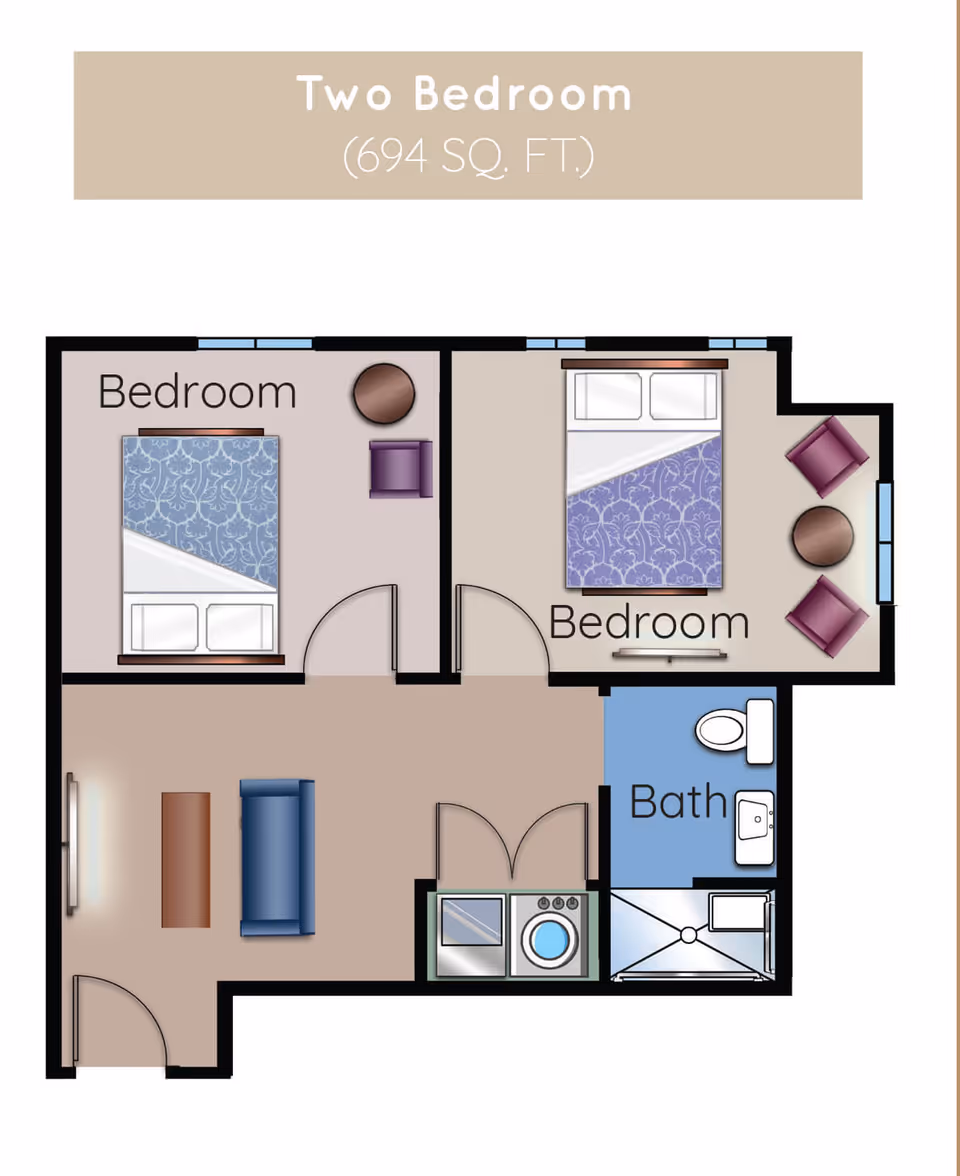 Floor plan of a two-bedroom apartment with a total area of 694 square feet. The layout includes two bedrooms, a bathroom with a shower, a living area with a sofa and table, and a laundry area with a washer and dryer.