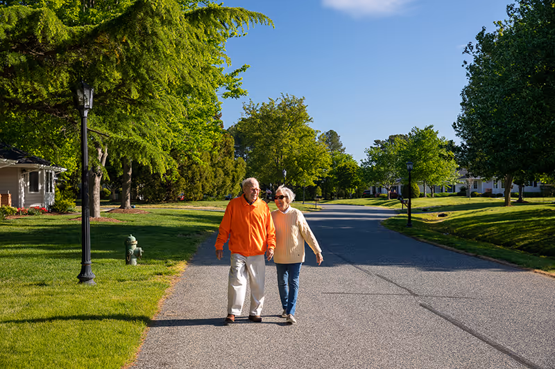 An elderly couple walking hand in hand on a paved road in a residential neighborhood with green trees and grass on both sides under a clear blue sky.