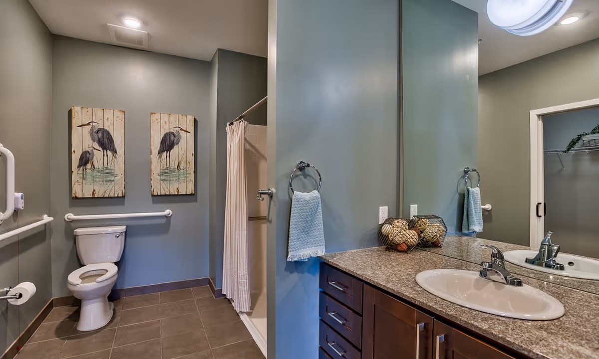 A bathroom with a toilet, a walk-in shower with a curtain, and a sink with a granite countertop. The walls are painted in a muted green color. There are two framed pictures of herons on the wall above the toilet. A towel ring with a blue towel is mounted next to the sink, and a large mirror is above the countertop. The floor is tiled in a dark color.