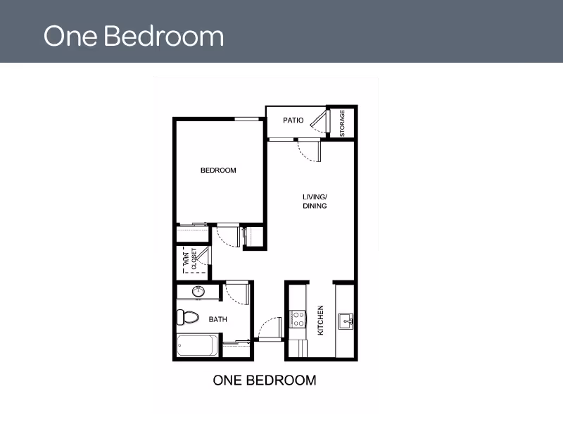 Floor plan layout of a one-bedroom apartment showing a bedroom, bathroom, kitchen, living/dining area, patio, storage, and a closet.