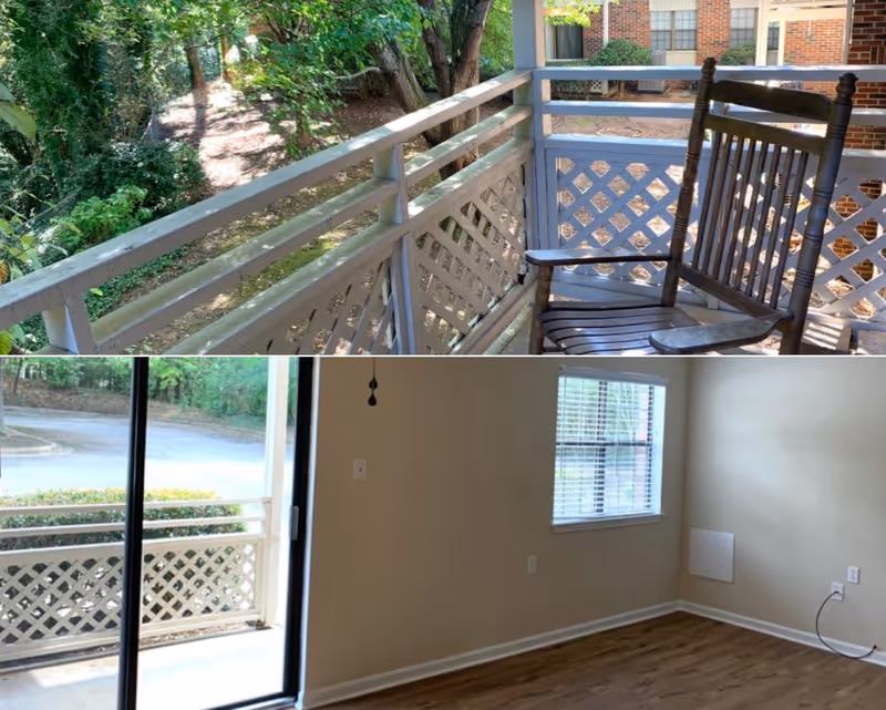 Top image shows a wooden rocking chair on a balcony with white railing and lattice panels, surrounded by trees and greenery. Bottom image shows an empty room with wooden floor, beige walls, a window with blinds, and a sliding glass door leading to a balcony with white lattice railing.