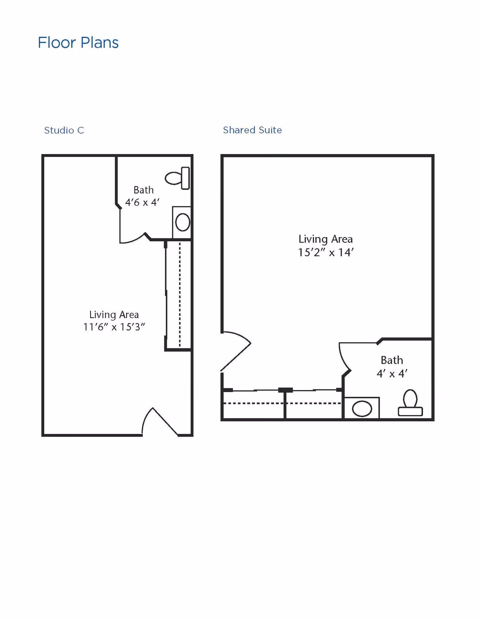Floor plans for two types of living spaces at Brookdale Reno: Studio C with a living area measuring 11 feet 6 inches by 15 feet 3 inches and a bathroom measuring 4 feet 6 inches by 4 feet; and a Shared Suite with a living area measuring 15 feet 2 inches by 14 feet and a bathroom measuring 4 feet by 4 feet.