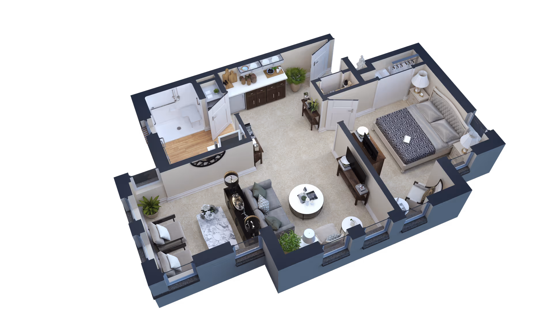 3D floor plan of a senior living apartment showing a bedroom with a bed, nightstands, and a chair; a living room with sofas, chairs, coffee tables, and plants; a kitchen area with cabinets and a sink; and a bathroom with a shower and toilet.