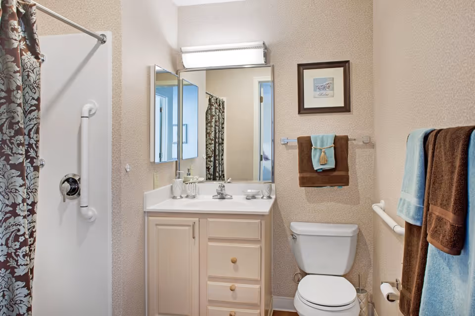 A bathroom with a white vanity cabinet and sink, a large mirror with a light fixture above it, a toilet, and a shower with a patterned curtain. The walls have a light textured wallpaper, and there are brown and blue towels hanging on towel racks. A framed picture is hung above the toilet.