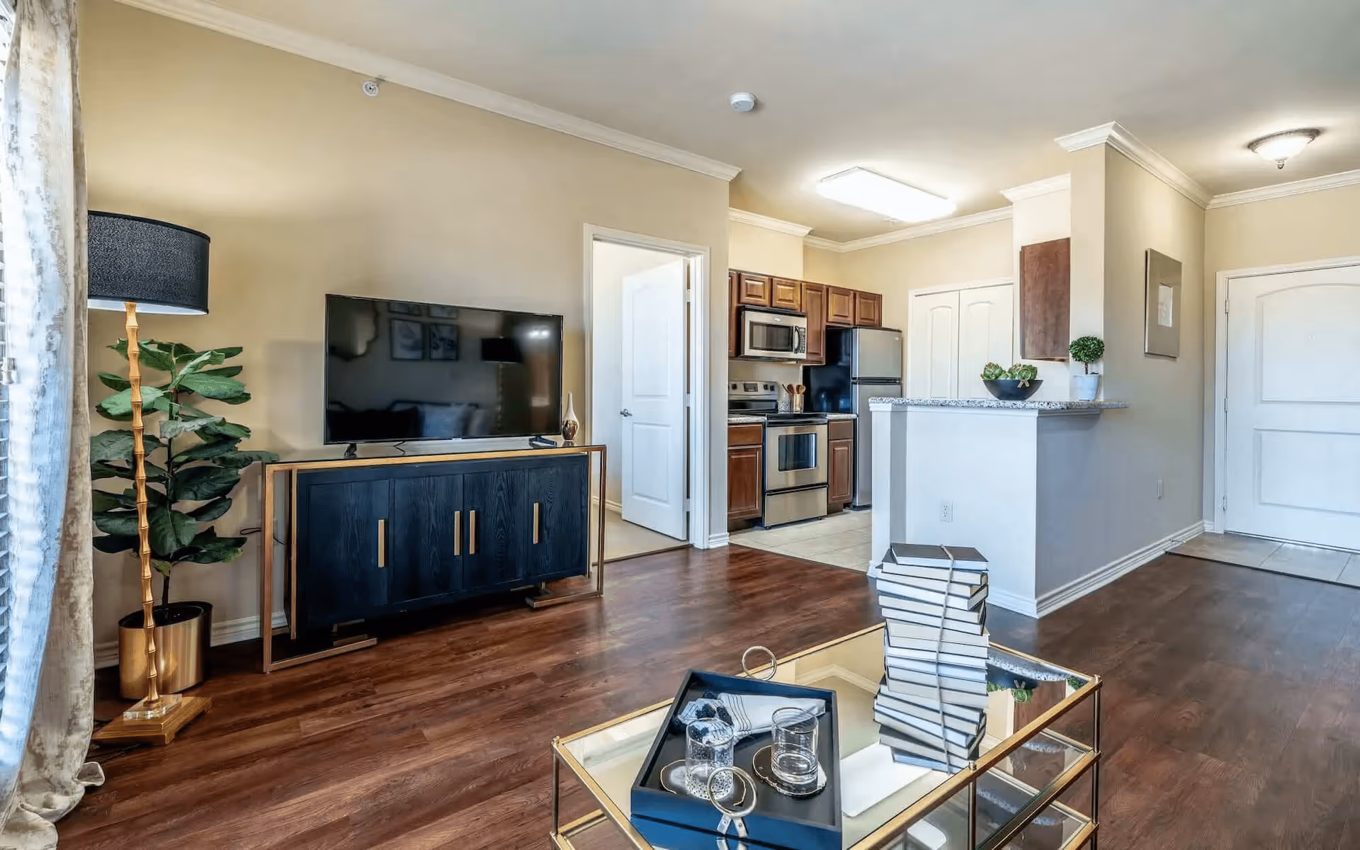A modern living room and kitchen area in a senior living facility. The living room features a flat-screen TV on a dark wooden console, a tall floor lamp with a black shade, and a potted plant. The kitchen has stainless steel appliances, wooden cabinets, and a granite countertop with a small plant and decorative bowl. The floor is a dark wood laminate, and there is a glass coffee table with decorative items in the foreground.