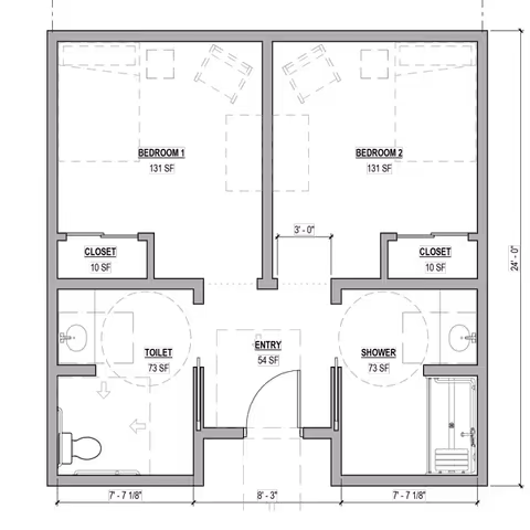 Architectural floor plan showing two bedrooms each with a closet, a toilet room, a shower room, and an entry area. Dimensions and square footage are labeled for each space.