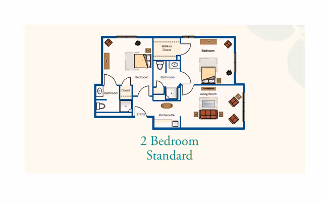 Illustrated top-down floor plan labeled "2 Bedroom Standard" showing two bedrooms, a living room, kitchenette and two bathrooms.