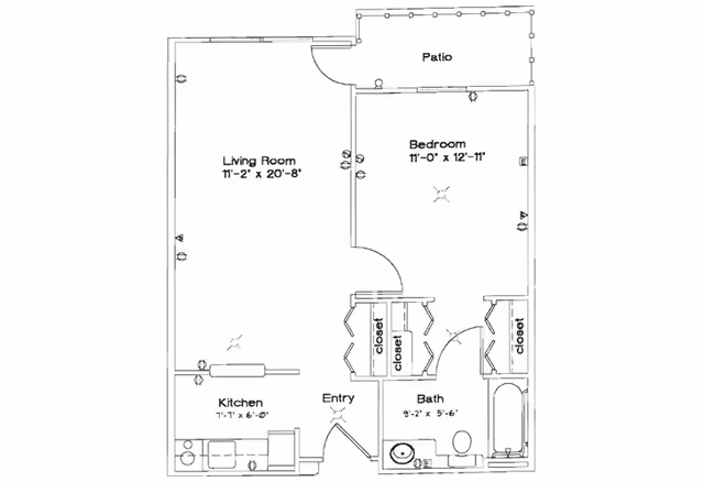 Architectural floor plan of a one-bedroom apartment at Oak Woods Manor, showing a living room, kitchen, bedroom, bathroom, entry, closets, and a patio. Dimensions are provided for each room.