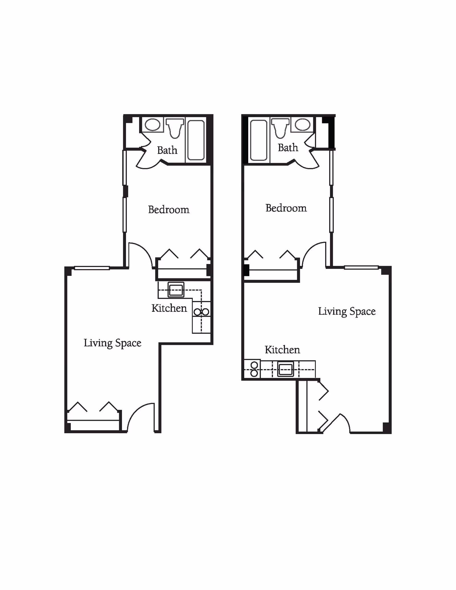 Architectural floor plan showing two similar apartment layouts, each with a bedroom, bathroom, kitchen, and living space.