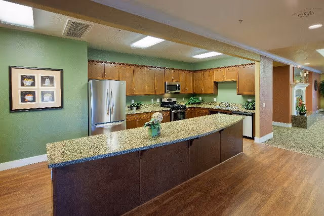 A spacious kitchen area in a senior living facility with wooden cabinets, granite countertops, a stainless steel refrigerator, stove, microwave, and dishwasher. The kitchen island has a small plant and decorative plate. The walls are painted green and the floor is wood. In the background, a hallway with carpet and a fireplace is visible.