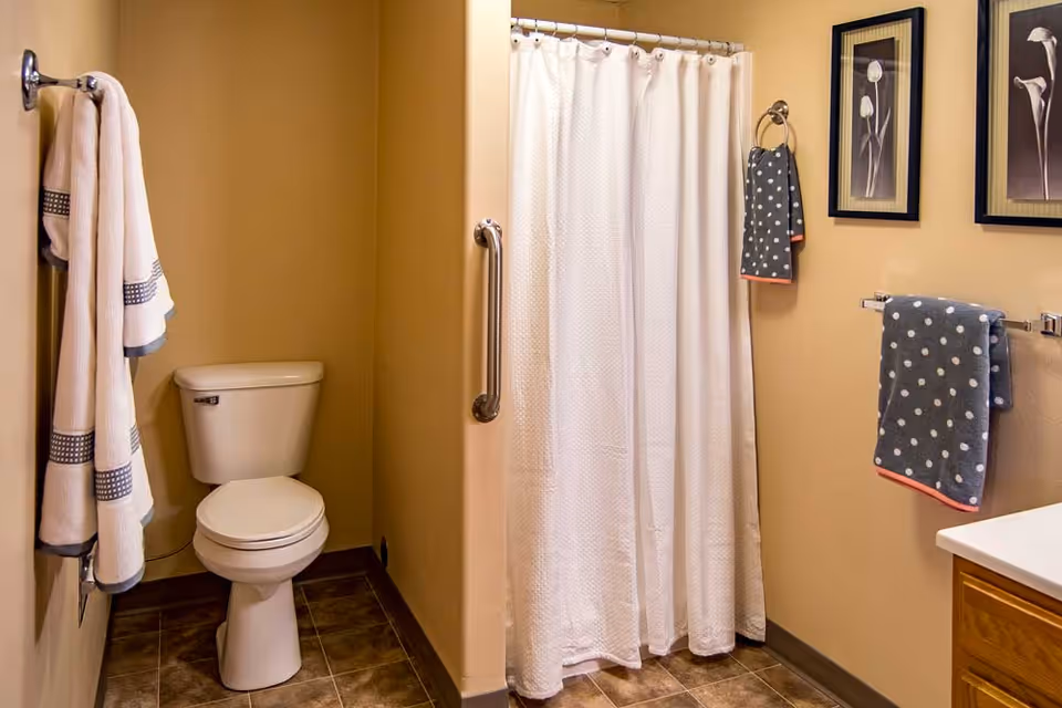 Small bathroom with a toilet, shower with a white curtain and grab bar, towels, and framed artwork on the walls.
