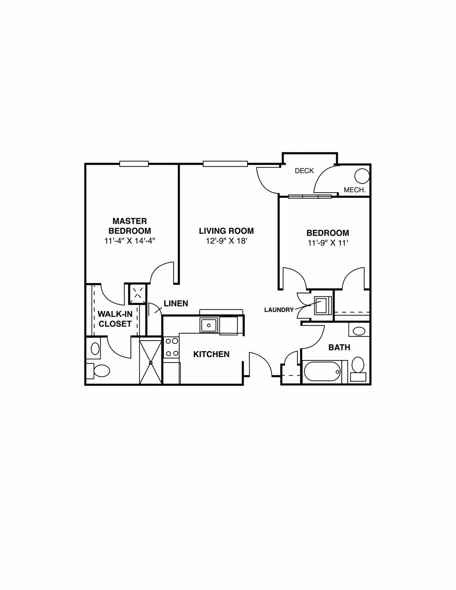 Floor plan of a residential unit showing a master bedroom with walk-in closet and bathroom, a living room, a kitchen, a second bedroom, a bathroom, laundry area, deck, and mechanical room.