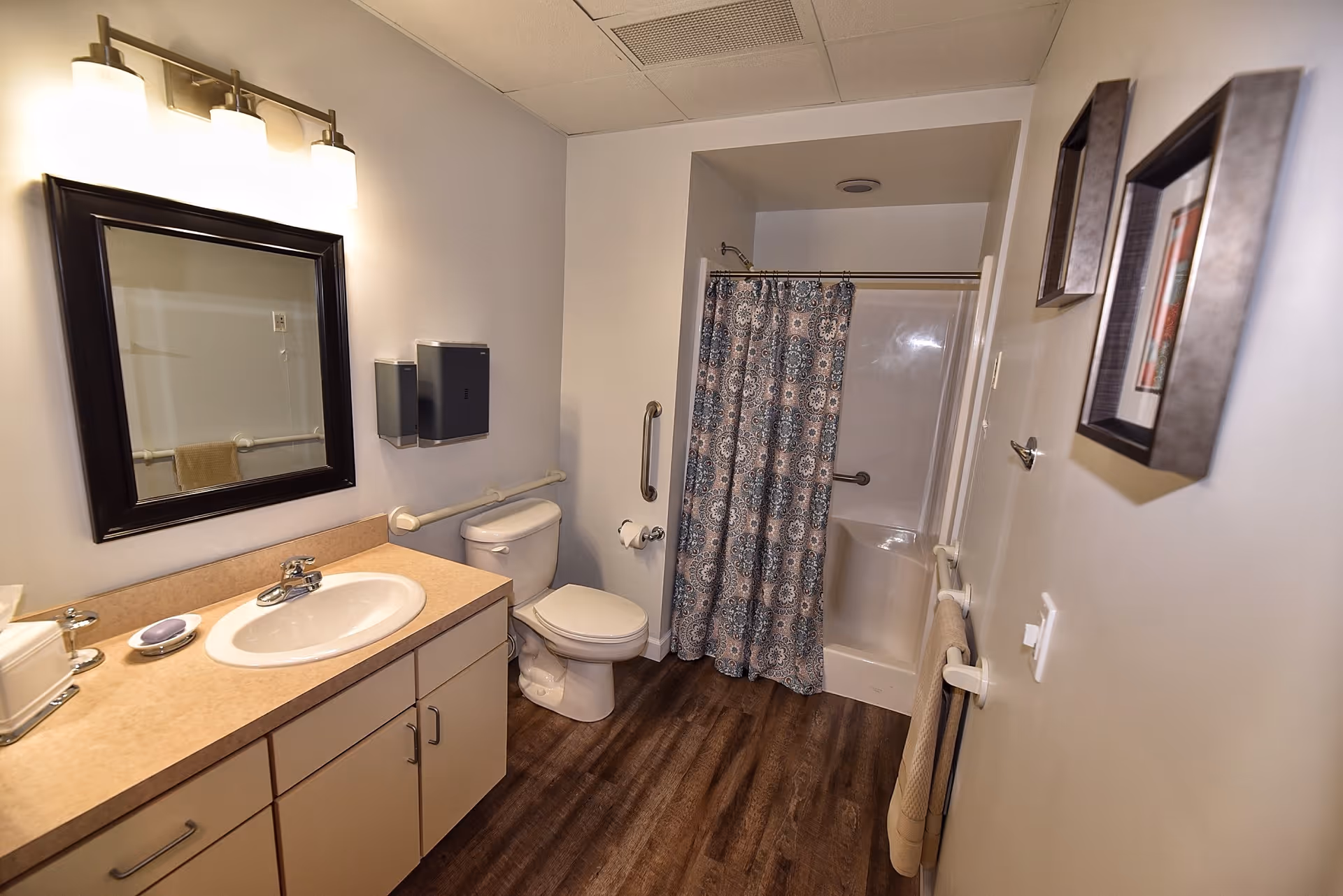 Accessible bathroom with a sink vanity and mirror, toilet with grab bars, and a shower with a patterned curtain.