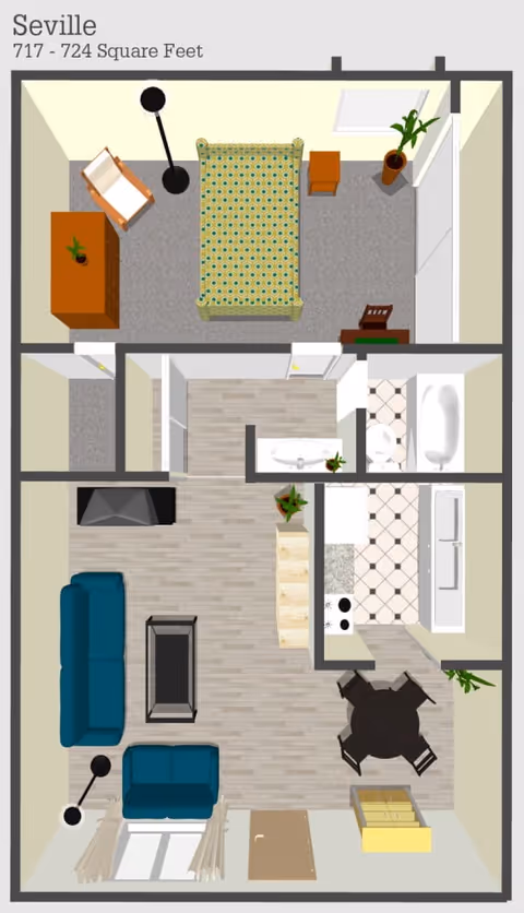 Floor plan of a one-bedroom apartment named Seville, measuring 717 to 724 square feet. The layout includes a bedroom with a bed, chair, dresser, and plants; a bathroom with a bathtub, toilet, and sink; a kitchen with appliances and counter space; a dining area with a round table and four chairs; and a living room with two sofas, a coffee table, and a floor lamp.