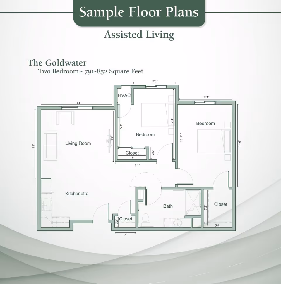 Floor plan titled 'The Goldwater' for assisted living, showing a two-bedroom layout with 791-852 square feet. The plan includes a living room, kitchenette, two bedrooms each with closets, a bathroom, and an HVAC area. Dimensions for each room and closet are marked.