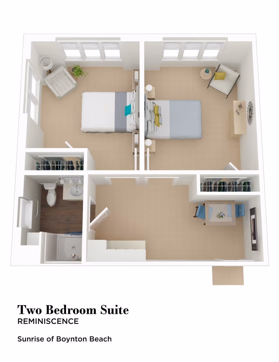 3D floor plan of a two-bedroom suite named Reminiscence at Sunrise of Boynton Beach. The layout includes two bedrooms each with a bed, chair, and side tables. There is a bathroom with a toilet, sink, and shower. The suite also has a small dining area with a table and two chairs, and closets in both bedrooms.