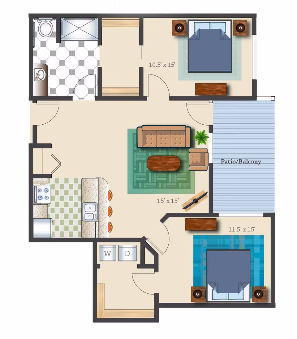 Floor plan of a residential unit showing two bedrooms, a bathroom, a kitchen, a living room, a patio/balcony, and a laundry area with washer and dryer.