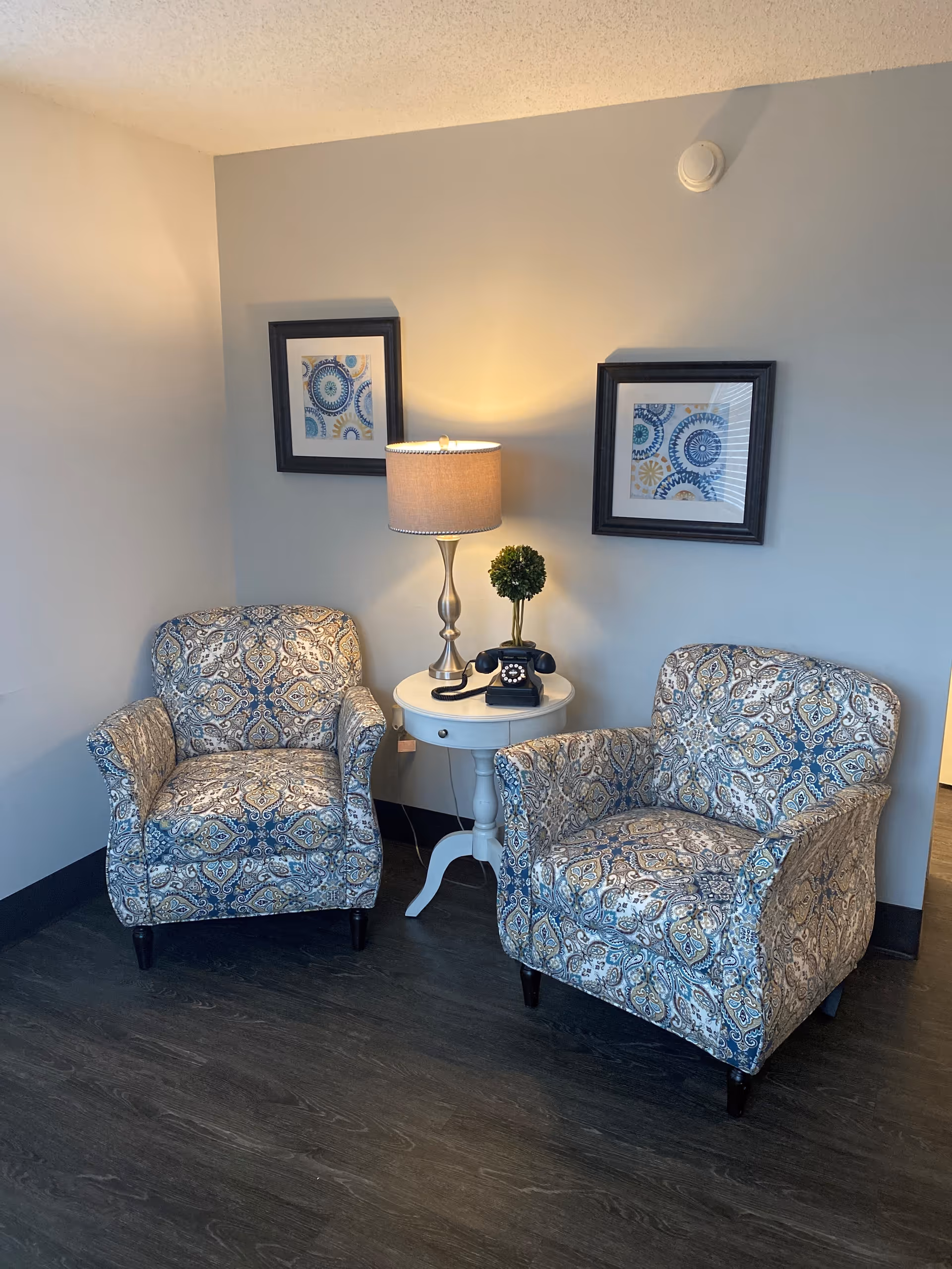 Two patterned armchairs with blue and beige designs are placed on either side of a small white round table. On the table, there is a silver lamp with a beige lampshade, a small green topiary plant, and a vintage black rotary telephone. Two framed artworks with circular patterns hang on the light gray wall behind the chairs.