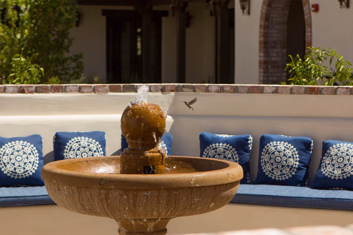 Terracotta water fountain in a courtyard with a bench lined with blue patterned cushions and a hummingbird hovering nearby.