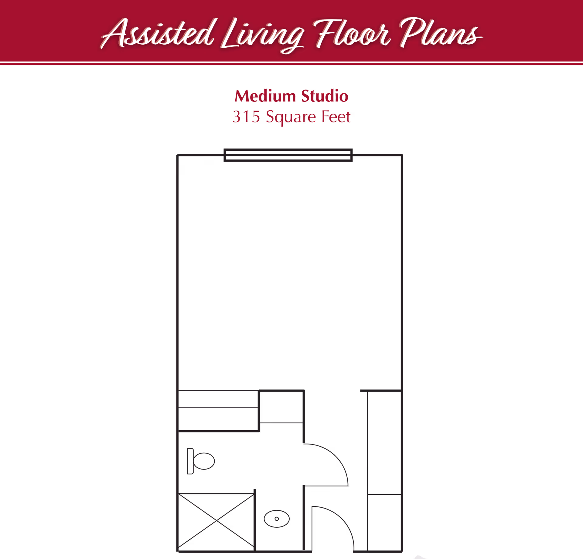 Floor plan of a Medium Studio assisted living unit measuring 315 square feet, showing layout including a bathroom with toilet and shower, and a main living area.