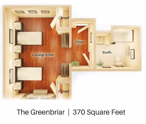 Floor plan of The Greenbriar unit showing a living area with two beds, two closets, a foyer, and a bathroom with a toilet, sink, and bathtub. The total area is 370 square feet.