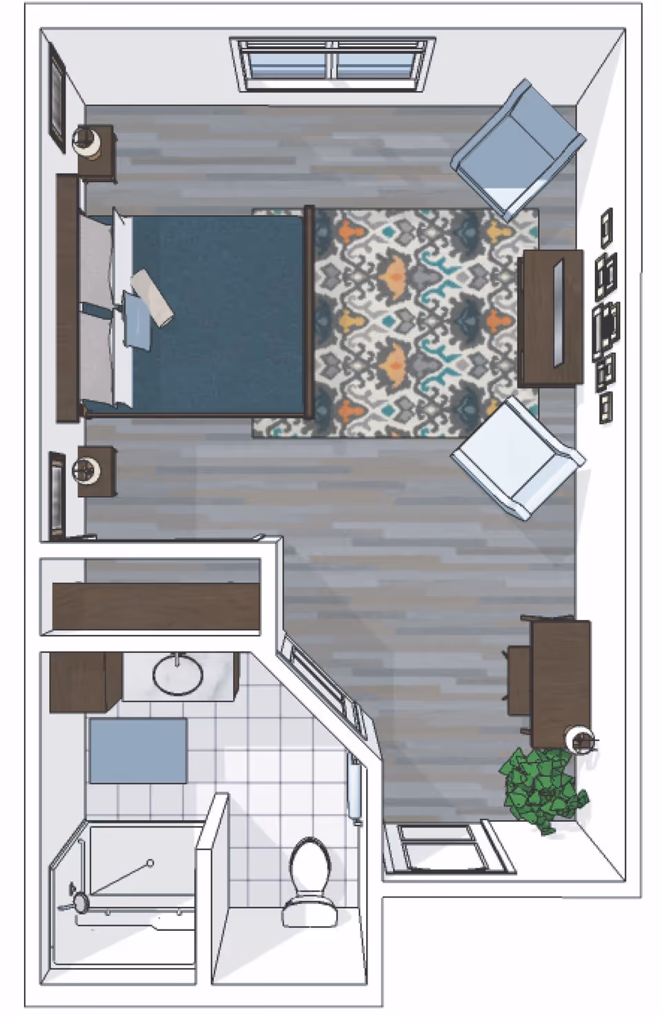 Top-down floor plan of a senior living unit showing a bedroom area with a bed, two nightstands, two armchairs, a TV on a stand, a desk with a chair, a patterned rug, and a plant. The unit also includes a bathroom with a shower, toilet, sink, and a small cabinet.