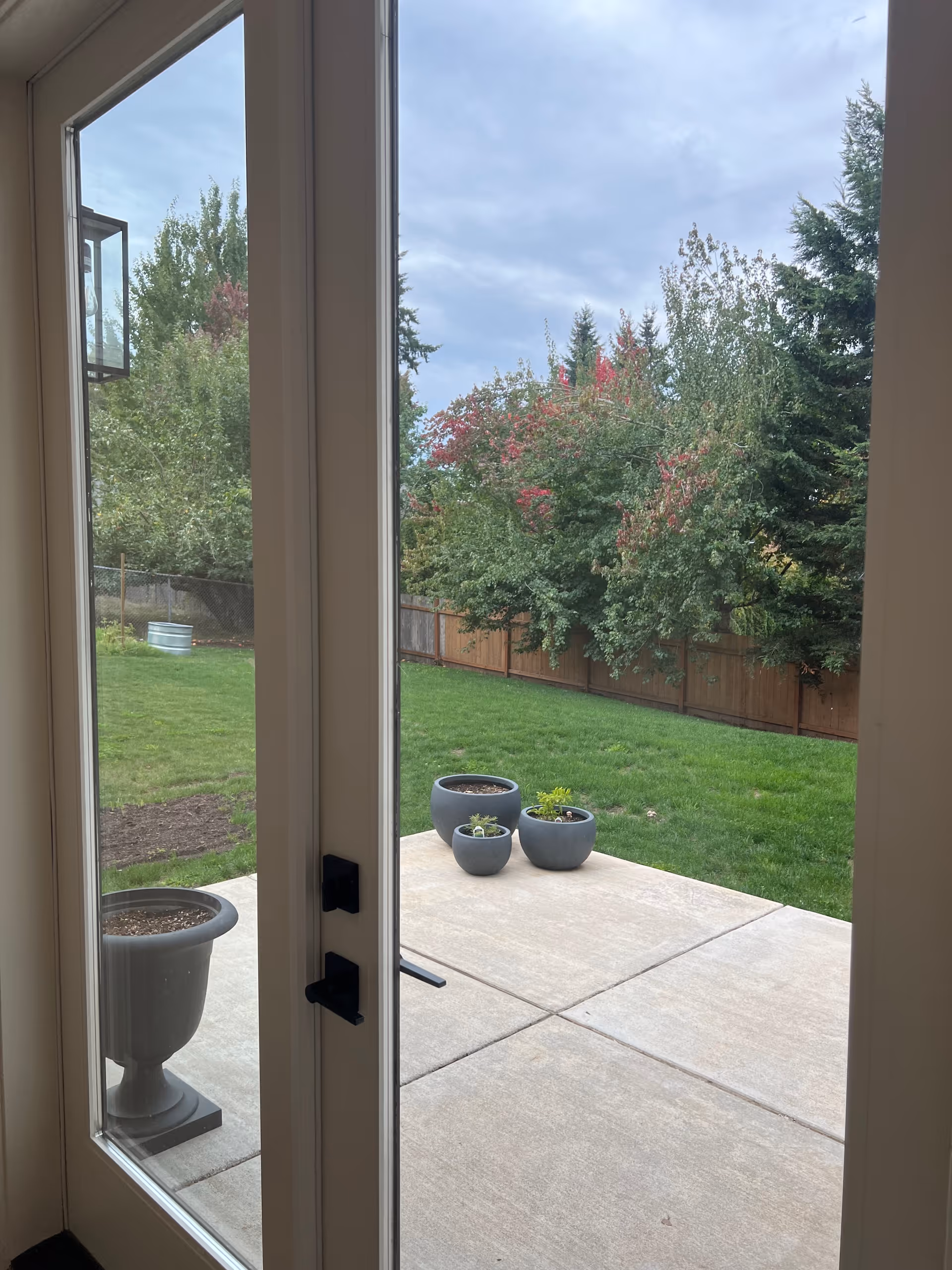 View through a glass door showing a concrete patio with three round planters and a grassy backyard with trees and a wooden fence under a cloudy sky.