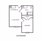 Floor plan layout of a standard unit at SummerHouse Ashton Manor showing a kitchenette, living room, bathroom, closet, and bedroom.