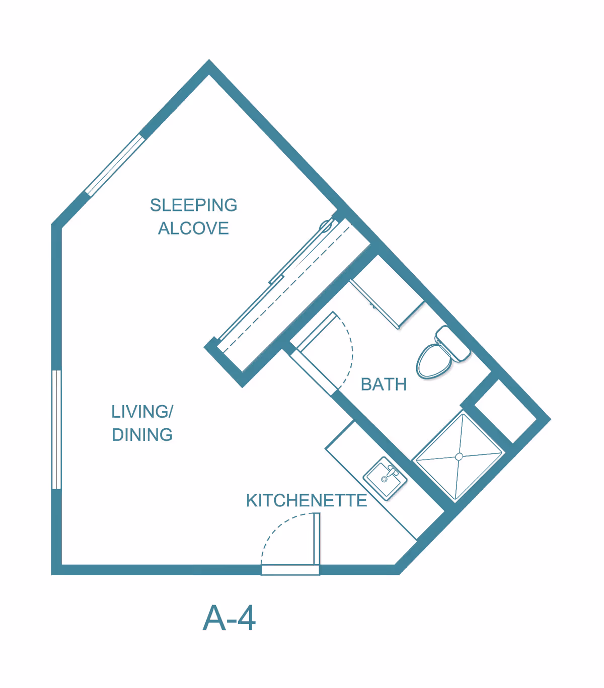 Floor plan labeled A-4 showing a sleeping alcove, living/dining area, kitchenette, and bath with a shower, toilet, and sink.
