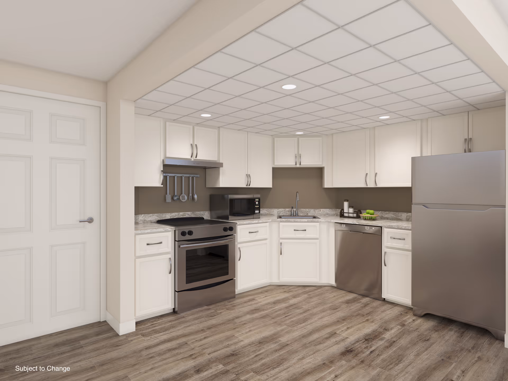 Modern kitchen with white cabinets, stainless steel appliances including a refrigerator, oven, microwave, and dishwasher. The kitchen has a marble countertop, a sink, and cooking utensils hanging above the stove. The floor is wood-style and the ceiling has recessed lighting.