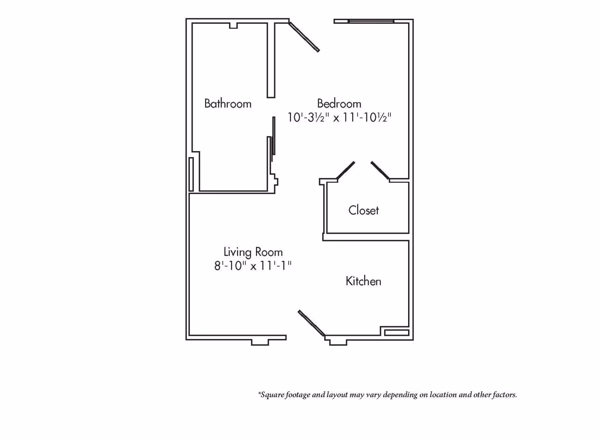 Black-and-white one-bedroom apartment floor plan showing a living room, kitchen, bedroom, bathroom, and closet.