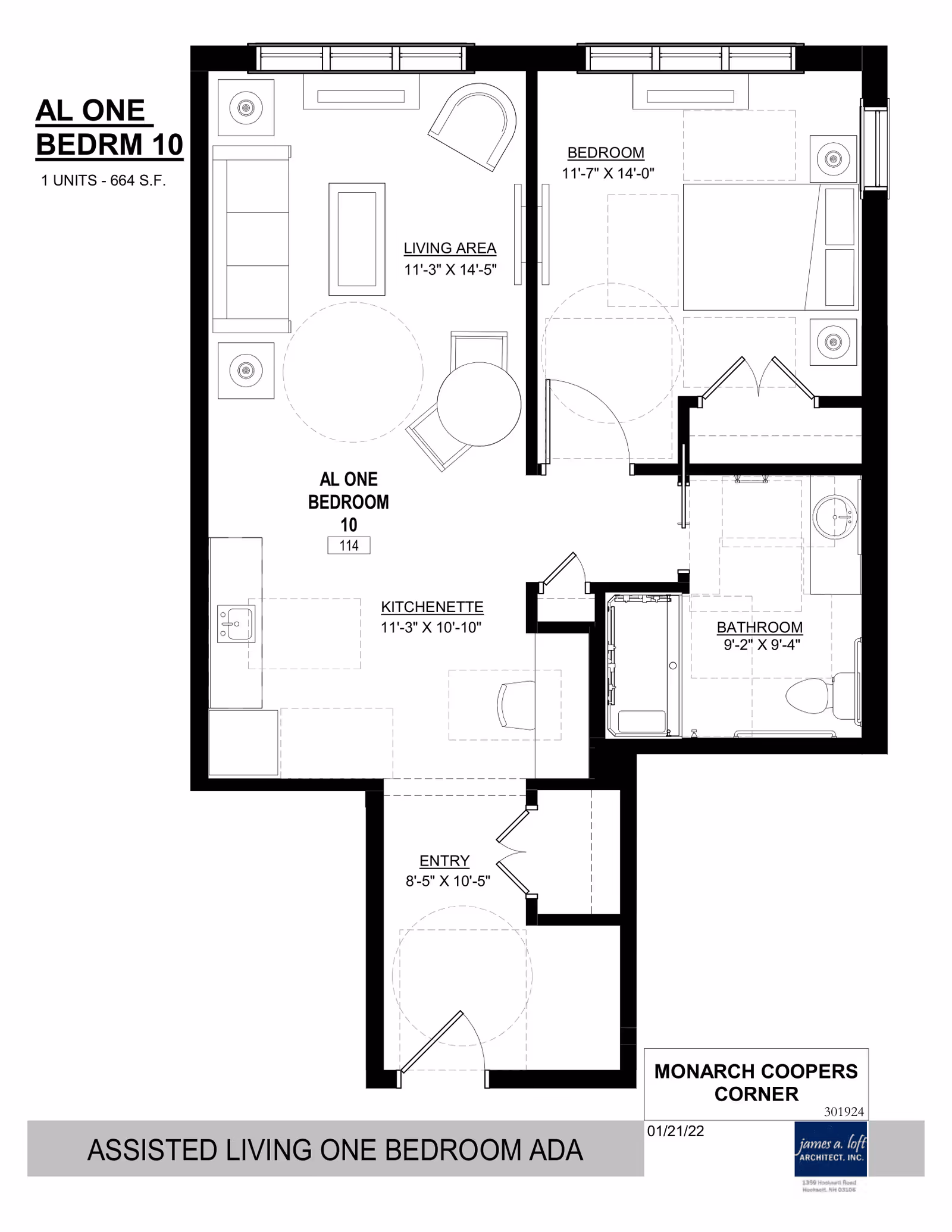 Architectural floor plan of an assisted living one bedroom ADA unit at Monarch Coopers Corner, showing a living area, bedroom, kitchenette, bathroom, and entry with dimensions.