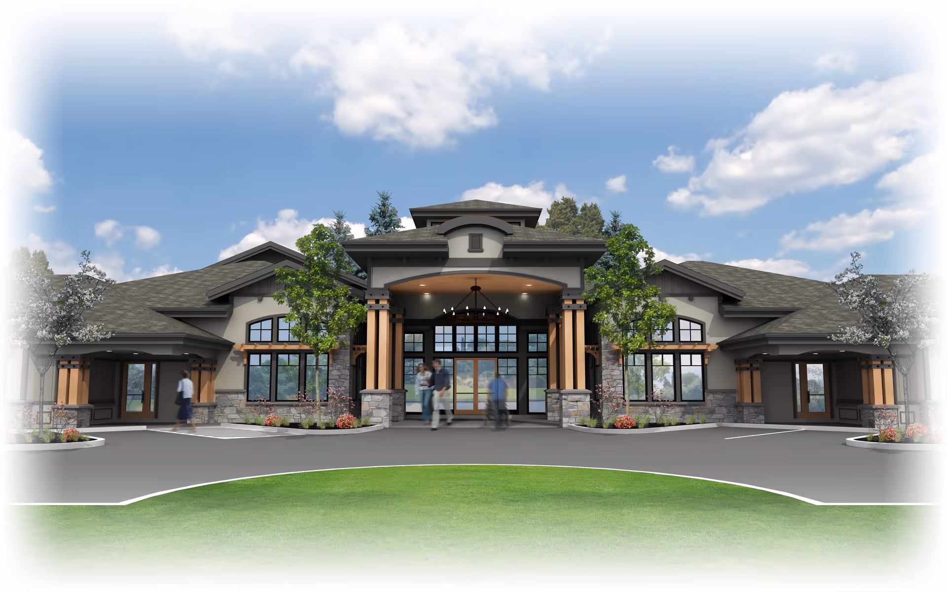 Front entrance of a low-rise memory care building with a covered porte-cochere, stone and wood accents, landscaping, and blurred figures by the doors.