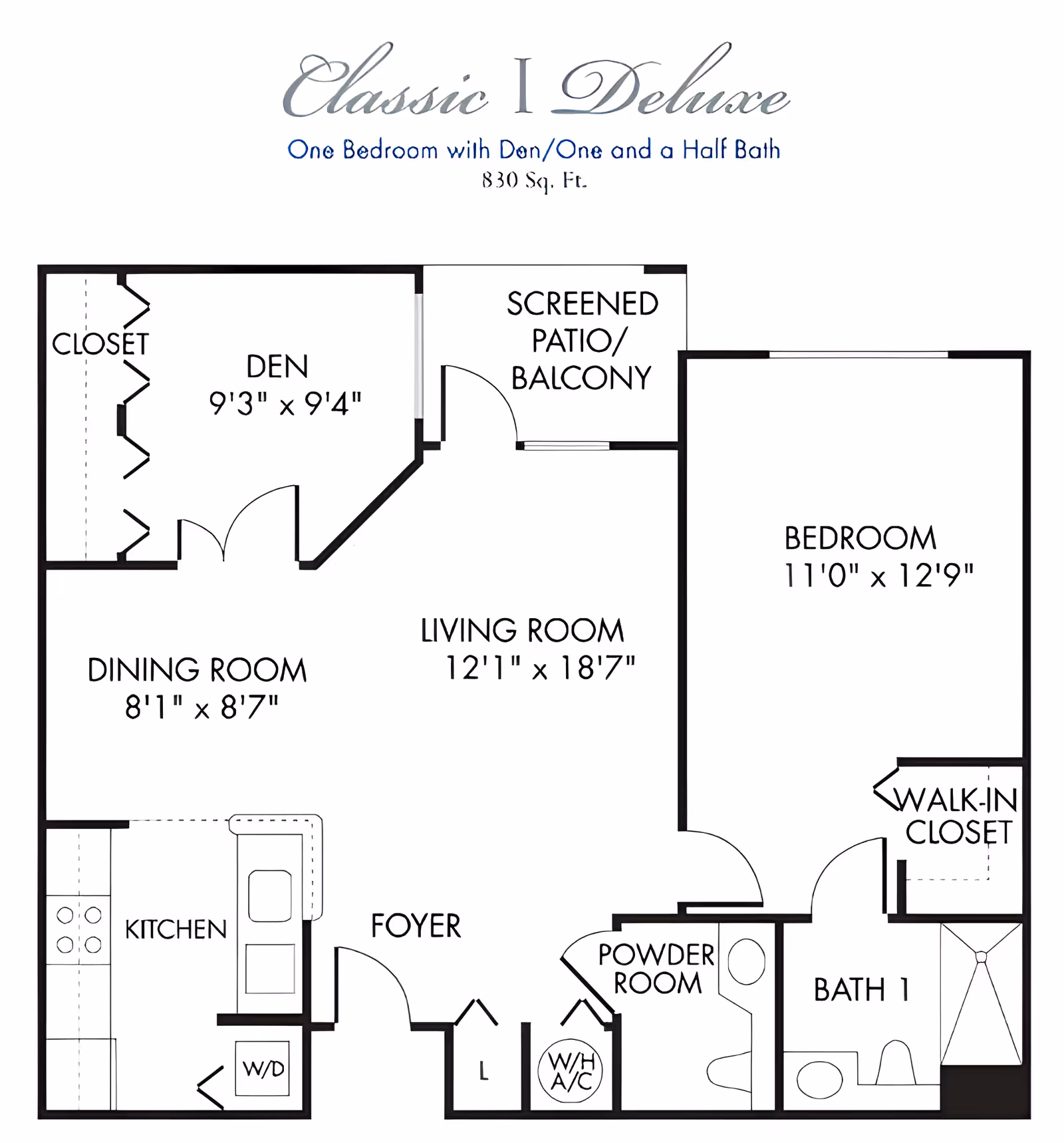 Floor plan of a Classic Deluxe one-bedroom apartment with den and one and a half baths, totaling 830 square feet. The layout includes a den with closet, screened patio/balcony, dining room, living room, kitchen with washer/dryer, foyer, powder room, bedroom with walk-in closet, and a full bathroom.