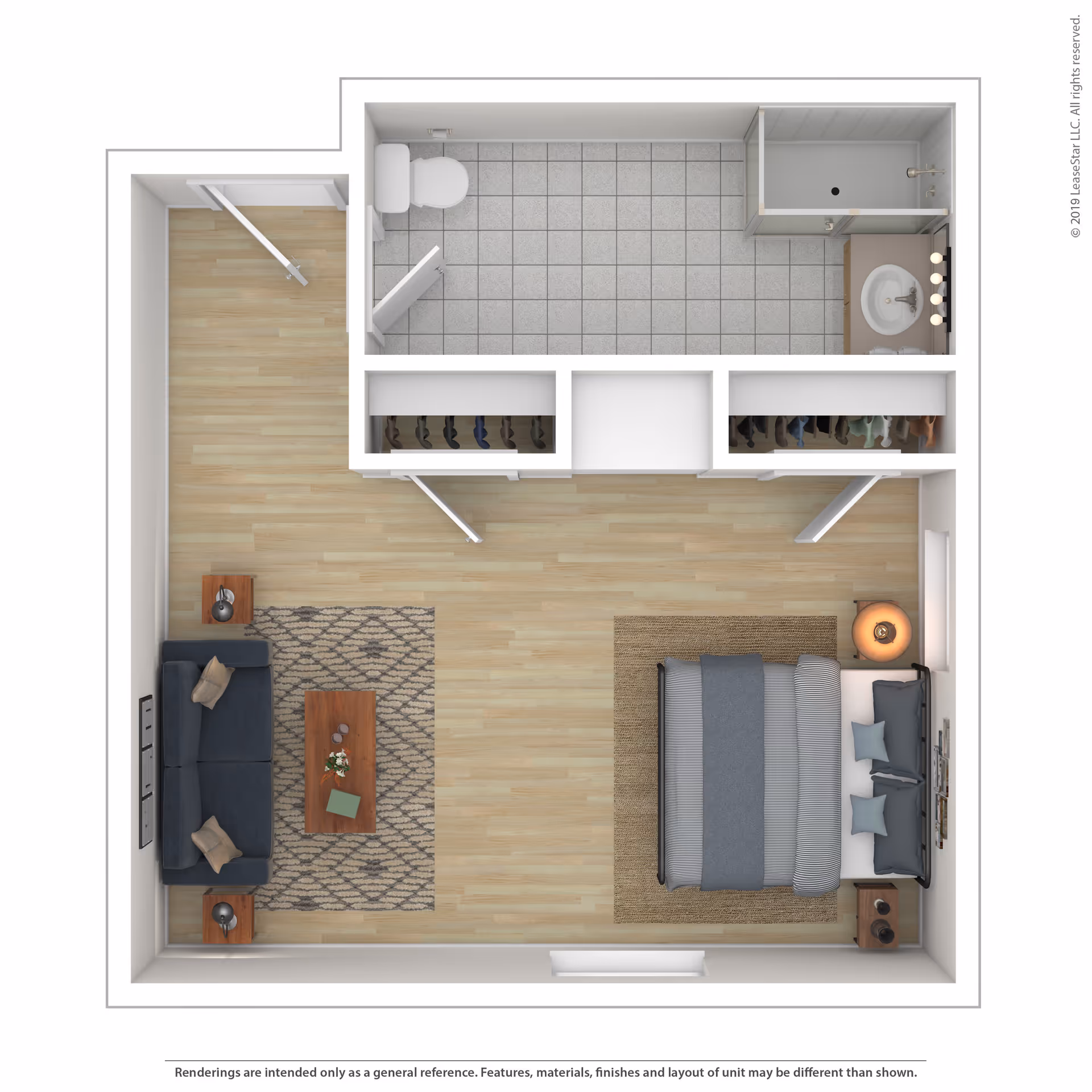 Top-down view of a studio apartment floor plan featuring a combined living and bedroom area with a sofa, coffee table, and bed. The bathroom includes a toilet, shower, and sink with a vanity. There are two closets between the living/bedroom area and the bathroom.