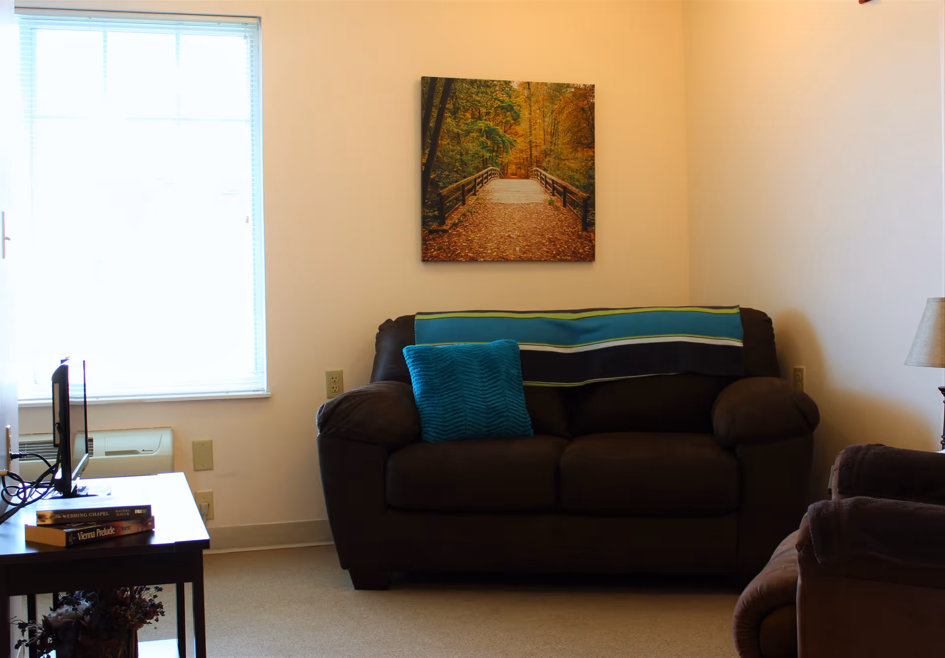 A cozy living room with a dark brown couch adorned with a blue pillow and a striped throw blanket. Above the couch hangs a framed picture of a wooden bridge in a forest during autumn. To the left, there is a window with blinds partially open, and a small table with books and a TV. A lamp is partially visible on the right side.