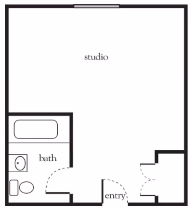 Floor plan of a studio apartment with an entry area, a combined studio living space, and a separate bathroom containing a bathtub, sink, and toilet.
